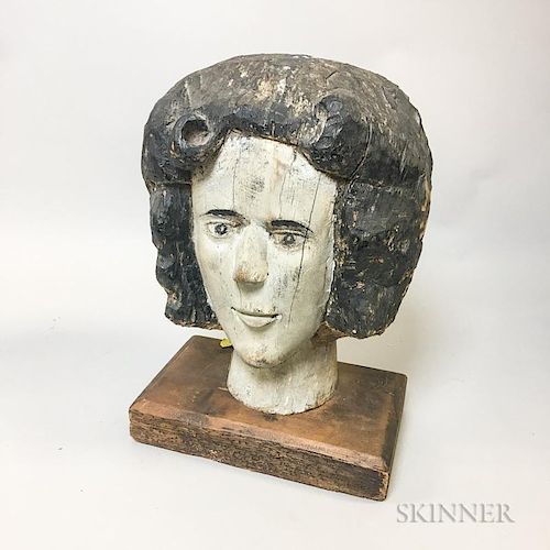 Carved and Painted Wood Woman's Head