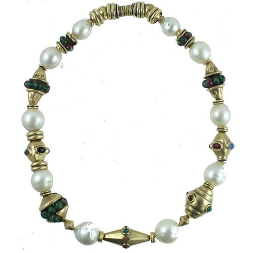 14K PEARL & COLORED STONE NECKLACE