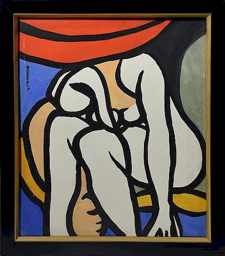 Oil on canvas, seated female nude signed Roland Dorcely