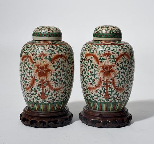 Pair of Chinese Famille Verte covered jars