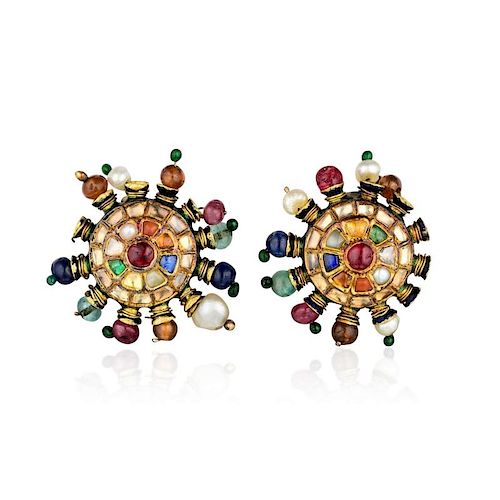 A Pair of Diamond and Multicolored Gemstone Indian Earrings