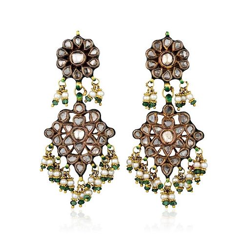 A Pair of Diamond, Enamel, Multi-gemstone Indian Chandelier Earrings