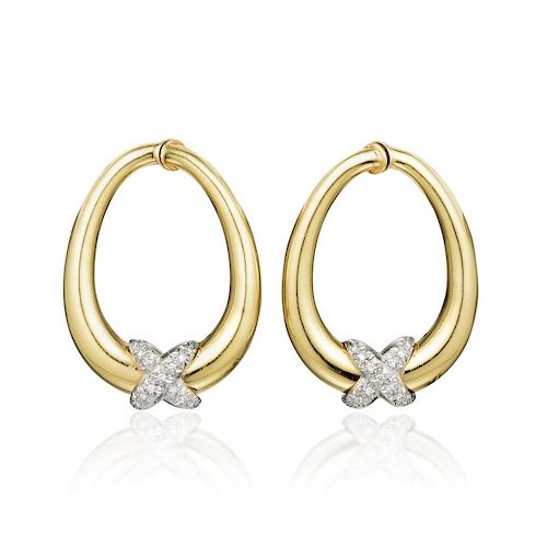A Pair of Gold and Diamond Hoop Earrings