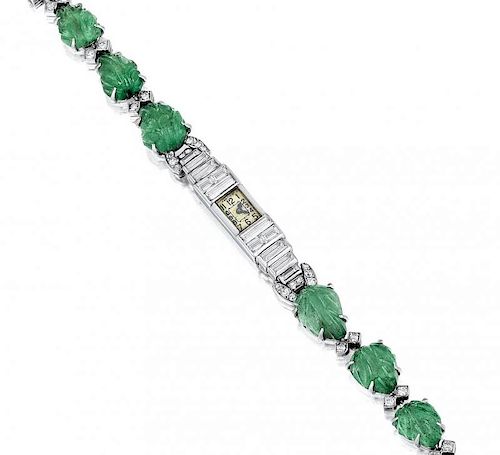 Cartier Art Deco Emerald and Diamond Platinum Dress Watch, European Watch & Clock Co.