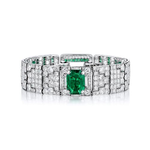 Cartier Art Deco Colombian Emerald and Diamond Platinum Bracelet*
