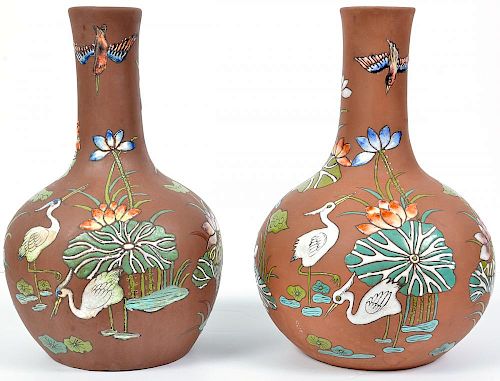 Pr. Asian Terracotta & Enamel Vases