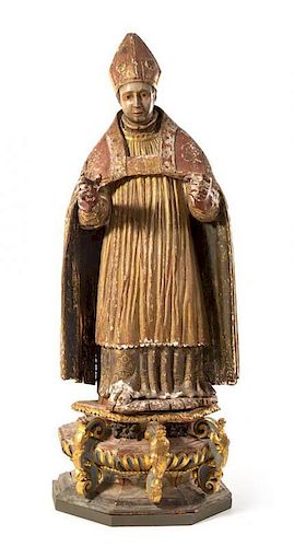 * A Spanish Wood Figure of a Bishop Height 69 1/4 inches.