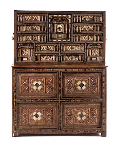 * A Spanish Painted, Parcel Gilt and Bone Inlaid Oak Vargueno Height 55 3/4 x width 42 3/4 x depth 17 1/2 inches.