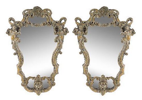 A Pair of Rococo Style Painted and Giltwood Mirrors Height 37 inches.