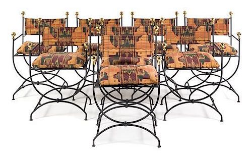A Set of Eight Wrought Iron Curule Armchairs Height 36 inches.