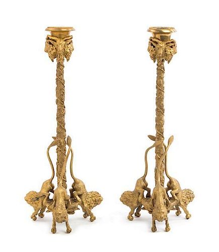 A Pair of Continental Gilt Bronze Candlesticks Height 12 1/2 inches.