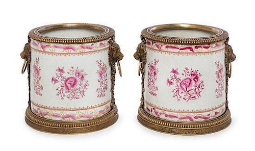A Pair of Gilt Bronze Mounted Porcelain Jardinieres Height 9 3/4 inches.