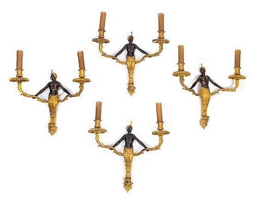 A Set of Four Continental Gilt and Patinated Bronze Figural Sconces Height 16 inches.