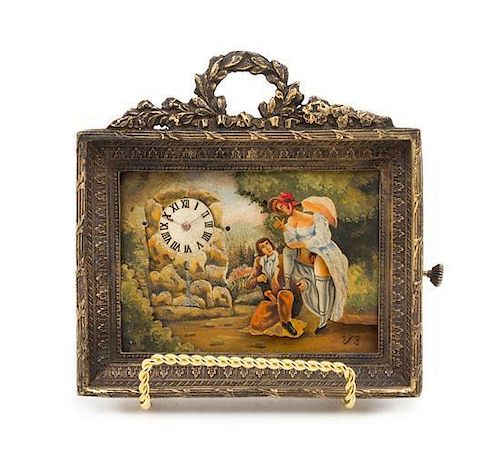 A Swiss Painted Metal and Brass Cased Erotic Desk Clock Height 4 3/4 x width 4 3/4 inches.