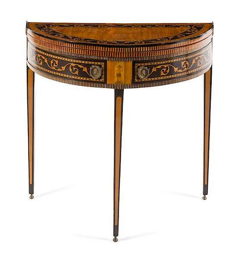 A Continental Marquetry Flip-Top Game Table Height 31 x width 32 x depth 16 inches (closed).