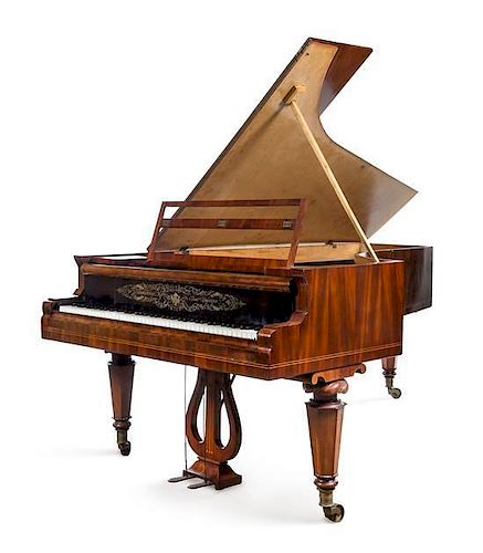 * A Bosendorfer Mahogany, Walnut and Satinwood Inlaid Concert Grand Piano Length of case 92 x width 53 1/4 inches.