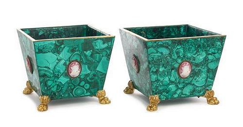 A Pair of Gilt Bronze and Cameo Mounted Malachite Jardinieres Height 6 7/8 x width 7 3/4 x depth 7 3/4 inches.