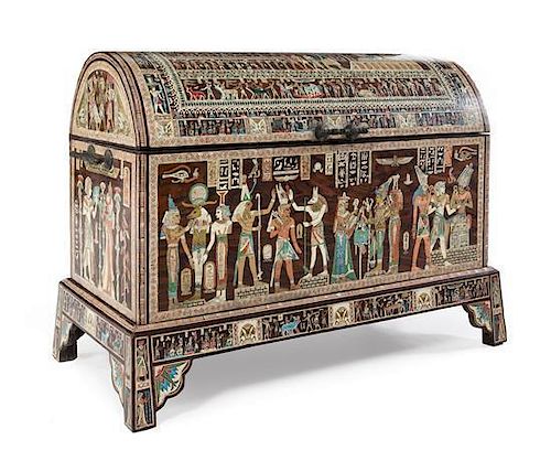 An Egyptian Revival Mother-of-Pearl Inlaid Trunk on Stand Height of chest 26 x width 44 1/2 x depth 20 1/4 inches.