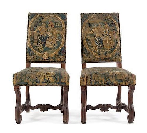 * A Pair of Louis XIV Walnut Side Chairs Height 42 1/2 inches.