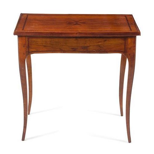 A Continental Parquetry Work Table Height 26 x width 26 1/2 x depth 16 1/2 inches.