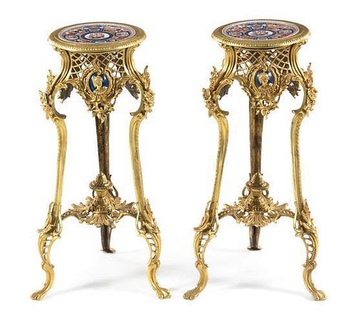 A Pair of Louis XV Style Gilt Bronze and Porcelain Inset Pedestals Height 29 1/2 inches.