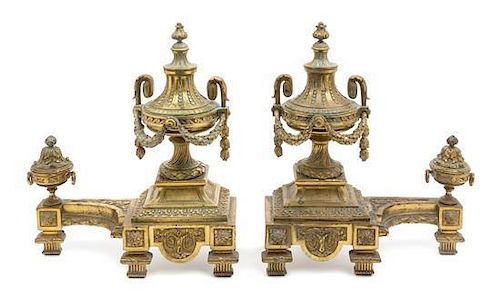 * A Pair of Louis XVI Style Gilt Bronze Chenets Height 15 inches.