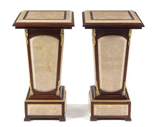 A Pair of Louis XVI Style Gilt Metal and Marble Mounted Pedestals Height 31 x width 17 x depth 17 inches.