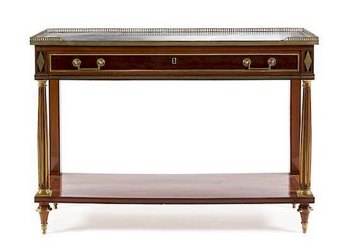 A Charles X Brass Mounted Mahogany Console Table Height 36 1/4 x width 51 1/2 x depth 17 1/4 inches.