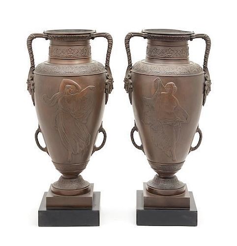 * A Pair of Neoclassical Bronze Urns Height 18 3/4 inches.
