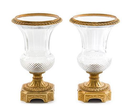 A Pair of Gilt Bronze Mounted Cut Glass Urns Height 13 1/4 inches.