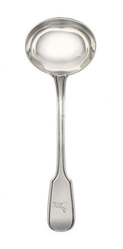 A William IV Silver Sauce Ladle, William Ely, London, 1832, the Fiddle and Thread handle engraved with a crest depicting a ph