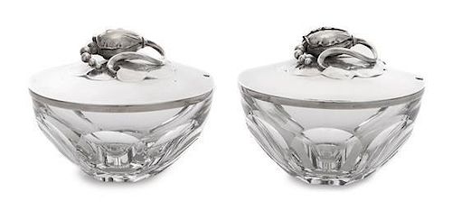 * A Pair of Danish Silver Mounted Baccarat Glass Condiment Jars, Georg Jensen Silversmithy, Copenhagen, Early 20th Century, e