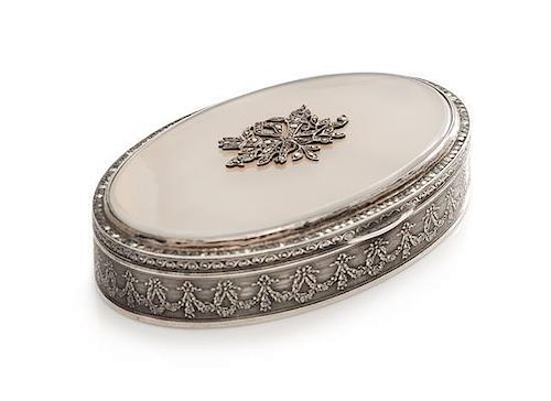 A German Silver and Hardstone Inset Snuff Box, Meyle & Mayer, Pforzheim, 20th Century, of oval form, the sides with a continu
