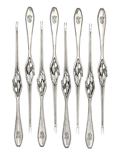 A Set of Eight German Silver Lobster Forks, Bruckmann & Sohne, Heilbronn, Early 20th Century, each having a beaded handle, th