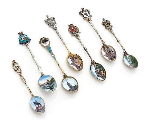 A Group of Seven Silver and Enamel Souvenir Teaspoons, Germany, Early 20th Century, comprising examples decorated with scenes