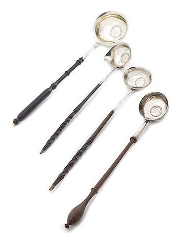 A Group of Four Coin Inset Silver Ladles, Various Makers, comprising two examples with baleen handles and two examples with t