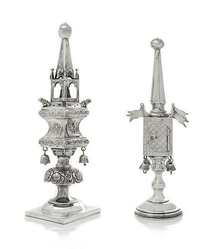 A Continental Silver Spice Tower, , together with a silvered metal example.