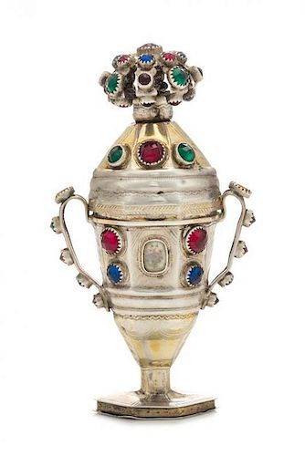 A Continental Silver and Jeweled Scent Flask, Maker's Mark Script DD, Likely German, 19th Century, the lid with a jeweled bas