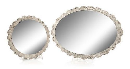 Two Ottoman Empire Style Turkish Silver Mirrors, Bedo, 20th Century, comprising an oval and a circular example, each having a