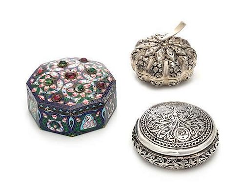 Three Silver Boxes, Likely Indian, comprising an enameled example with a paste-inset lid, a gourd form box and another exampl