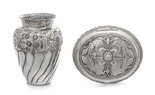 Two Silver Table Articles, Likely Indonesian, comprising a small vase and a lidded box.