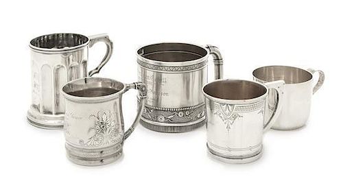 A Collection of Five American Silver Children's Mugs, Various Makers, comprising a Tiffany & Co., New York, NY example; a Gor