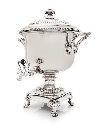 A Silver-Plate Coffee Urn, , the domed cover with a reeded band above the baluster form body having a gadroon rim and acanthu