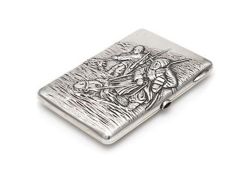 * A Russian Silver Cigarette Case, Mark of S. Stroganov, Moscow, Late 19th Century, the lid worked to show a repousse scene o