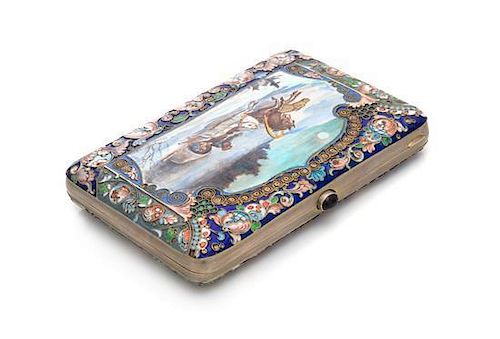 * A Russian Enameled Silver Cigarette Case, Mark of Dmitry Gorbanov, Moscow, Late 19th/Early 20th Century, the lid centered b