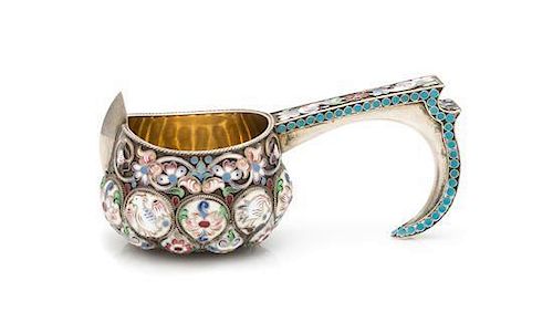 * A Russian Enameled Silver Kovsh, Mark of K. Faberge, St. Petersburg, Late 19th/Early 20th Century, the lobed body with poly