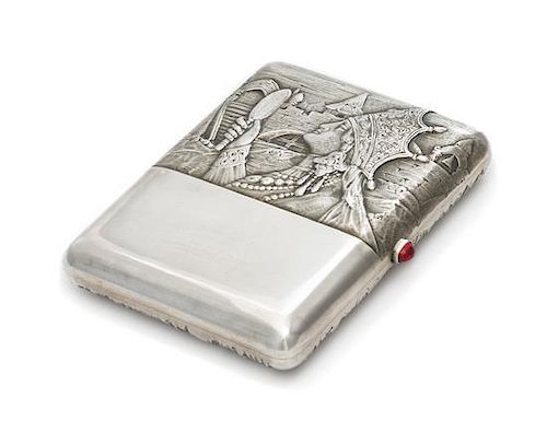 * A Russian Silver Cigarette Case, Maker's Mark OK, Moscow, Late 19th/Early 20th Century, have a samodorok decorated lid, the