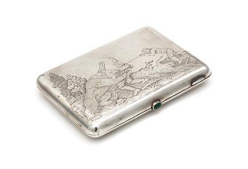 * A Russian Silver Cigarette Case, Maker's Mark Obscured, Odessa, Early 20th Century, the lid engraved to show a man being ma
