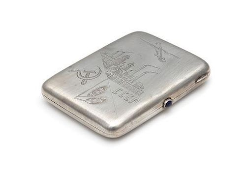 * A Soviet-Era Russian Silver Cigarette Case, Maker's Mark Cyrillic 1IuF, Moscow, Early to Mid-20th Century, the lid worked t