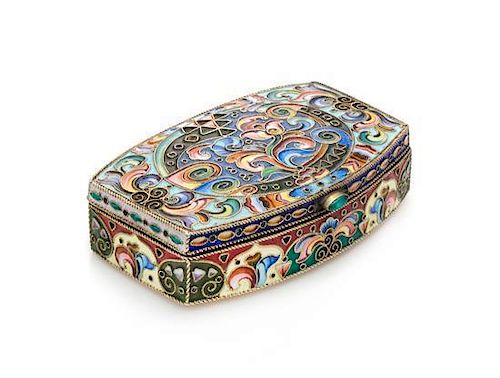 * A Russian Enameled Silver Snuff Box, Likely Mark of Nicolai Zhyerdyev, Moscow, Late 19th/Early 20th Century, the case with 